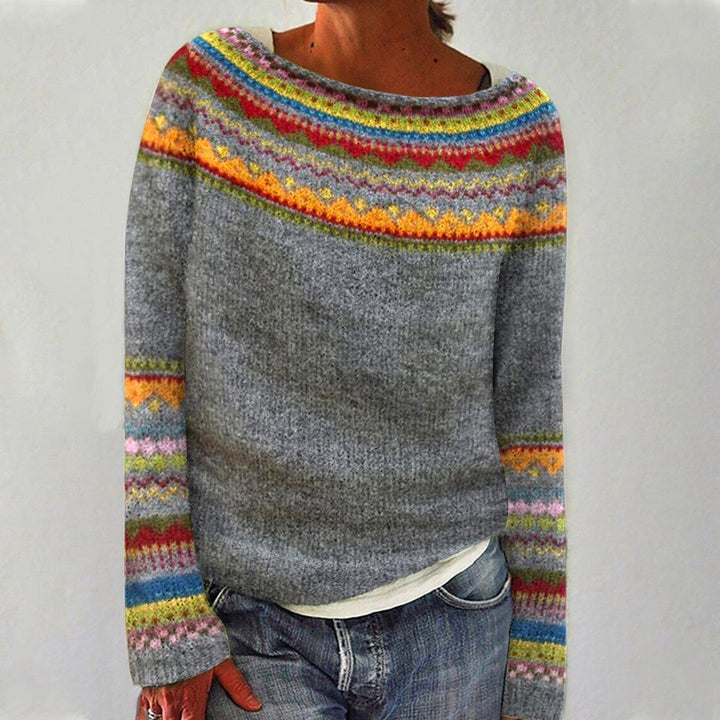 Lexi | Relaxed Boat Neck Retro Nordic Pattern Fall Sweater
