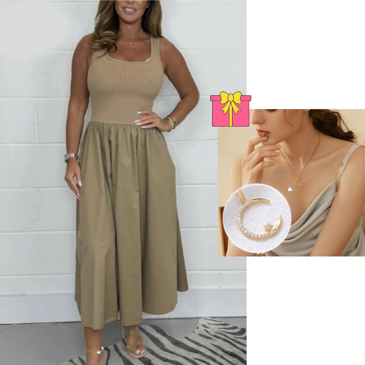 Stylish Sleeveless A-Line Dress with Square Neck Design