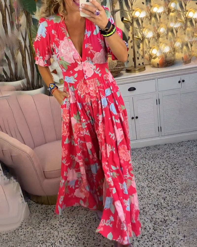 Catrisa™ | Floral Print V-neck Pocket Dress