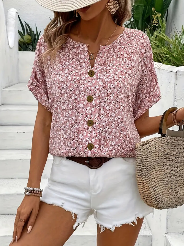 Cindy™ | Floral Print Notched Color Blouse