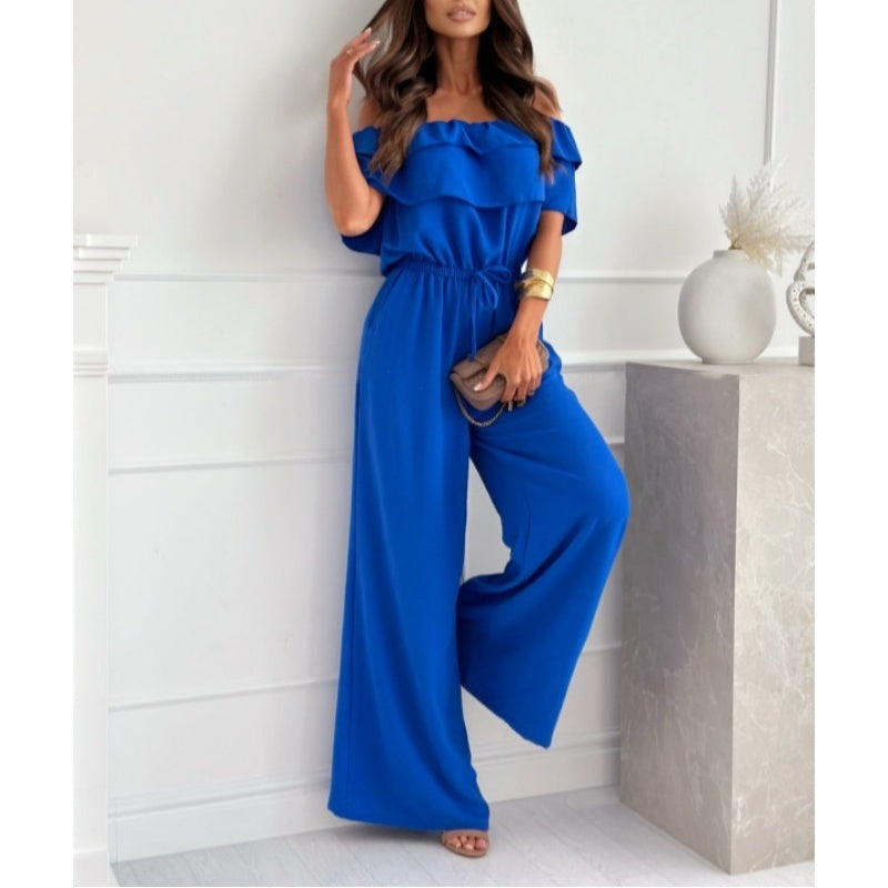 Women's Off-Shoulder Wide-Leg Jumpsuit with Ruffle and Drawstring