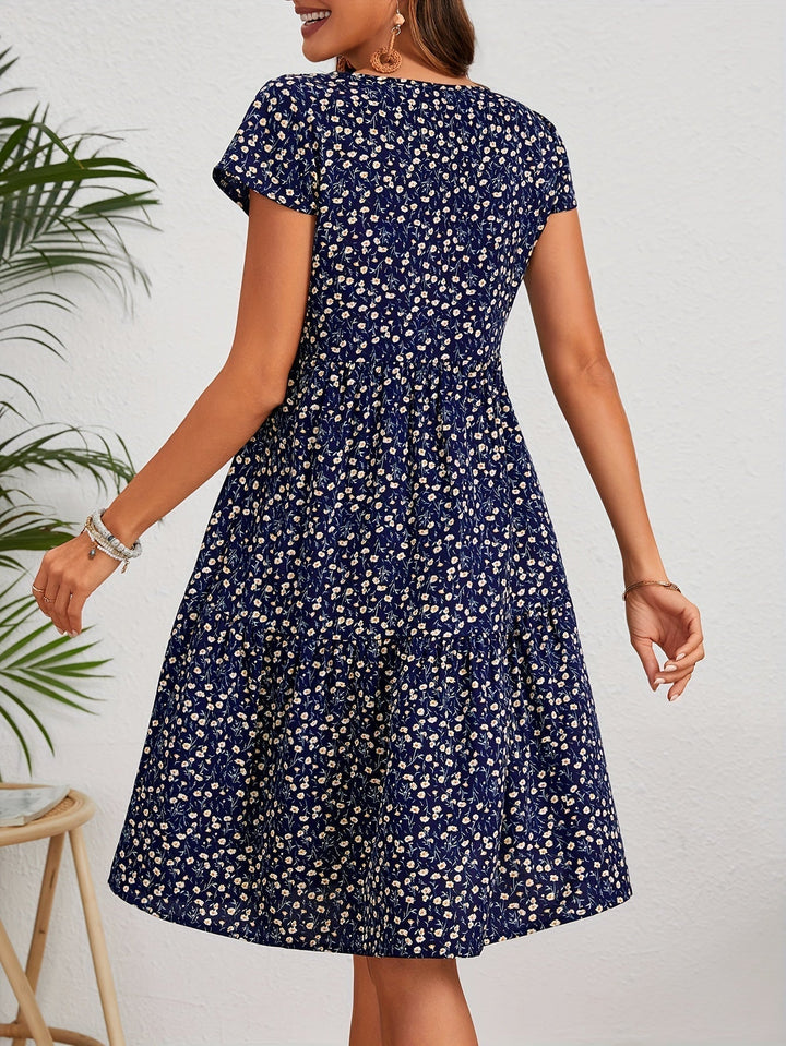 Valeria | Women's Short Sleeve Round Neck Mini Vintage Floral Dress
