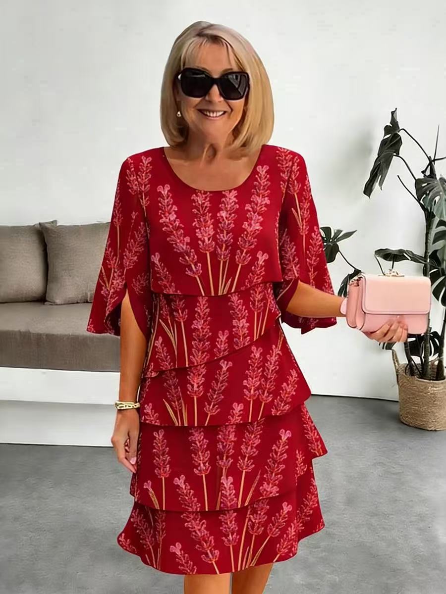Elyvane™ - Women's Floral Ruffled Dress with Mid-Length and Split Sleeves
