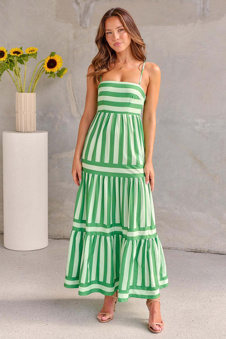 Marisol | Women's Square Neck Striped Maxi Dress with Straps and Pockets