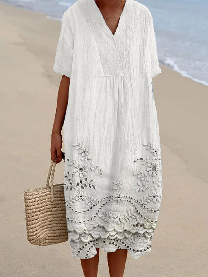Evessa | Women's Loose V-Neck Midi Floral Summer Printed Dress