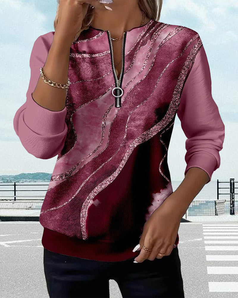 Jonah | Women's Long Sleeve Round Neck Printed Vintage Half-Zip Sweatshirt with Zipper