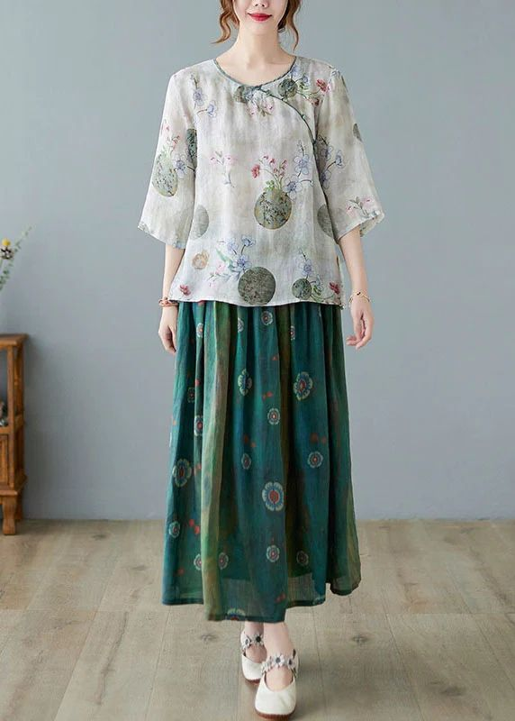 Bohemian Black Flower Elastic Waist Print Linen Skirts Summer
