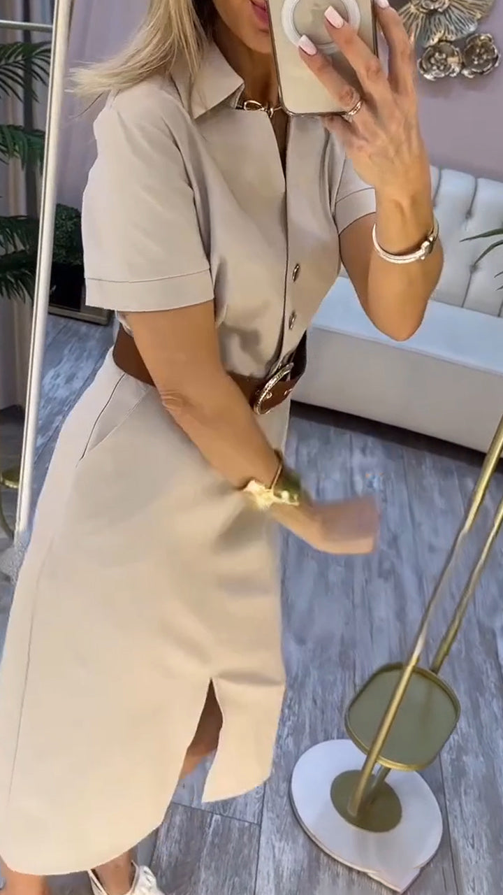 Women's Short Sleeve Midi Dress with Side Slit and Buttons