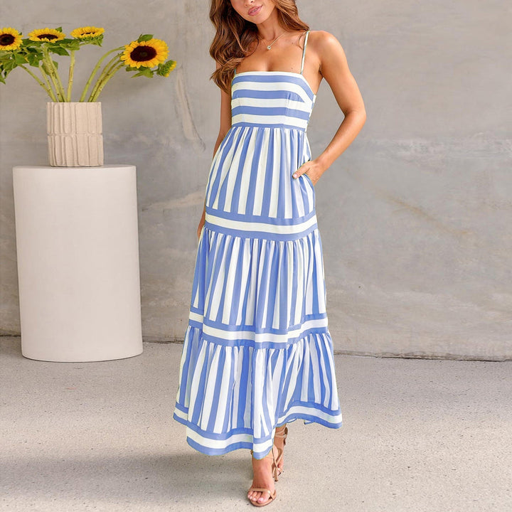 Marisol | Women's Square Neck Striped Maxi Dress with Straps and Pockets