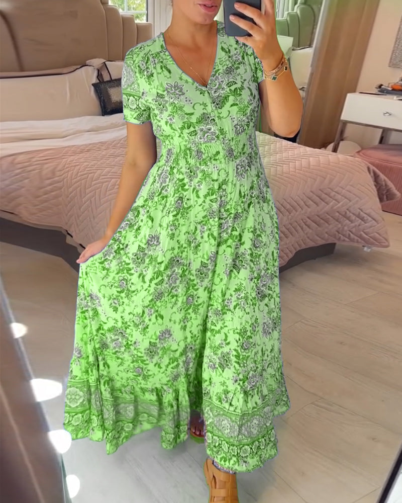 Ellie | Women's Mini Elegant Floral V-Neck Pleated Hem Dress