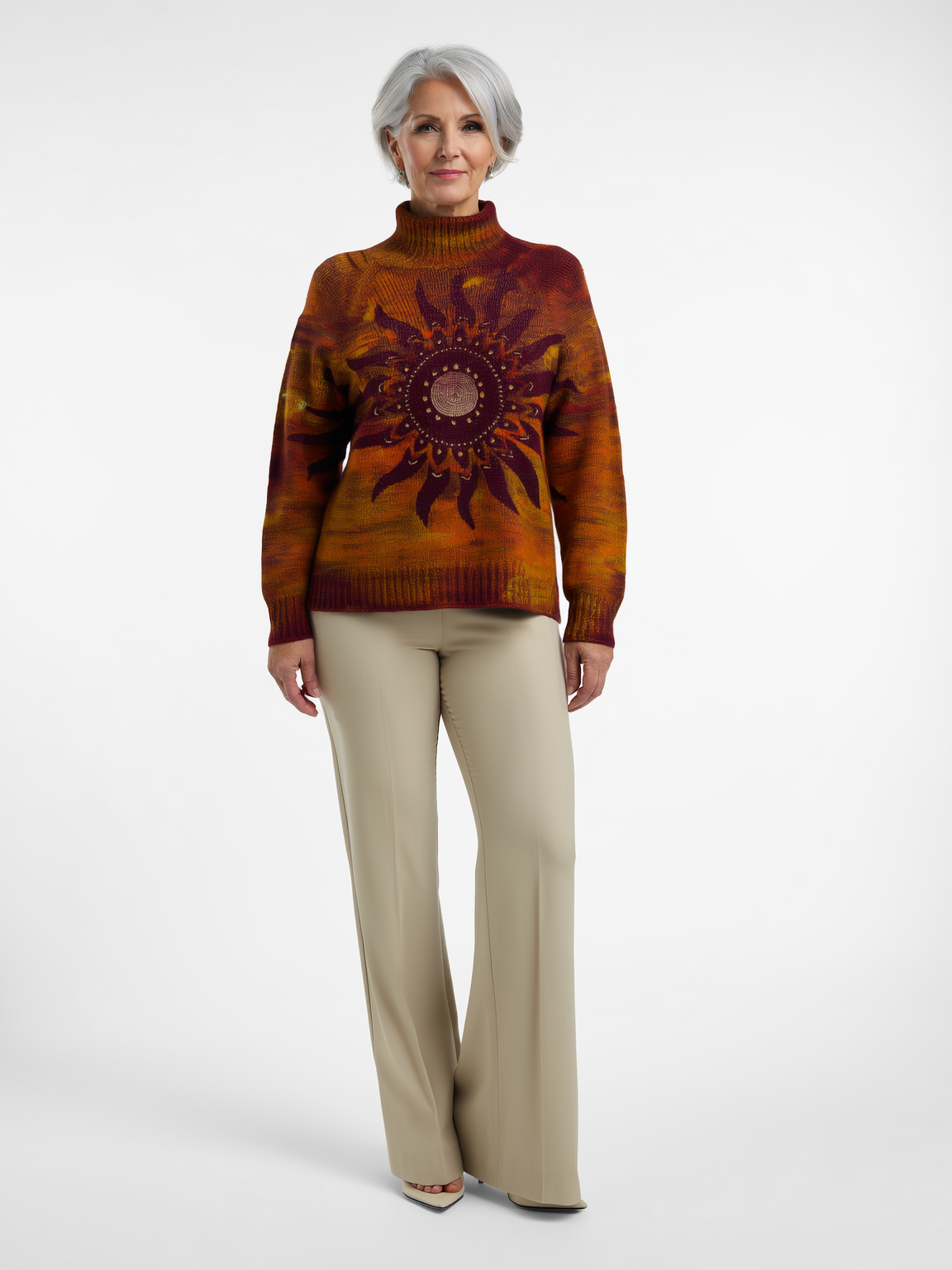 Harlow - Warm knitted turtleneck sweater with tribal sun motif