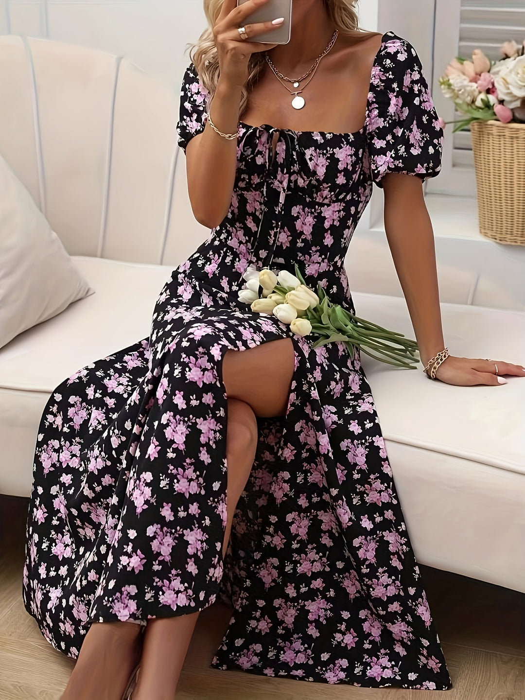 Mirella | Women's Puff Sleeve Mini Floral Dress with Side Slit