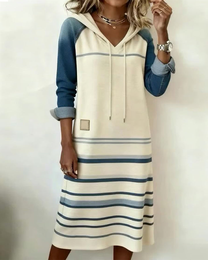 Everly | Women's Knee-Length Striped Hooded Dress with Drawstring