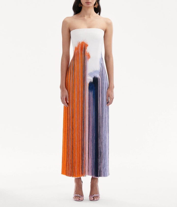 Aislyn | Women's Midi Art-Inspired Brushstroke Fringe Dress with Zipper