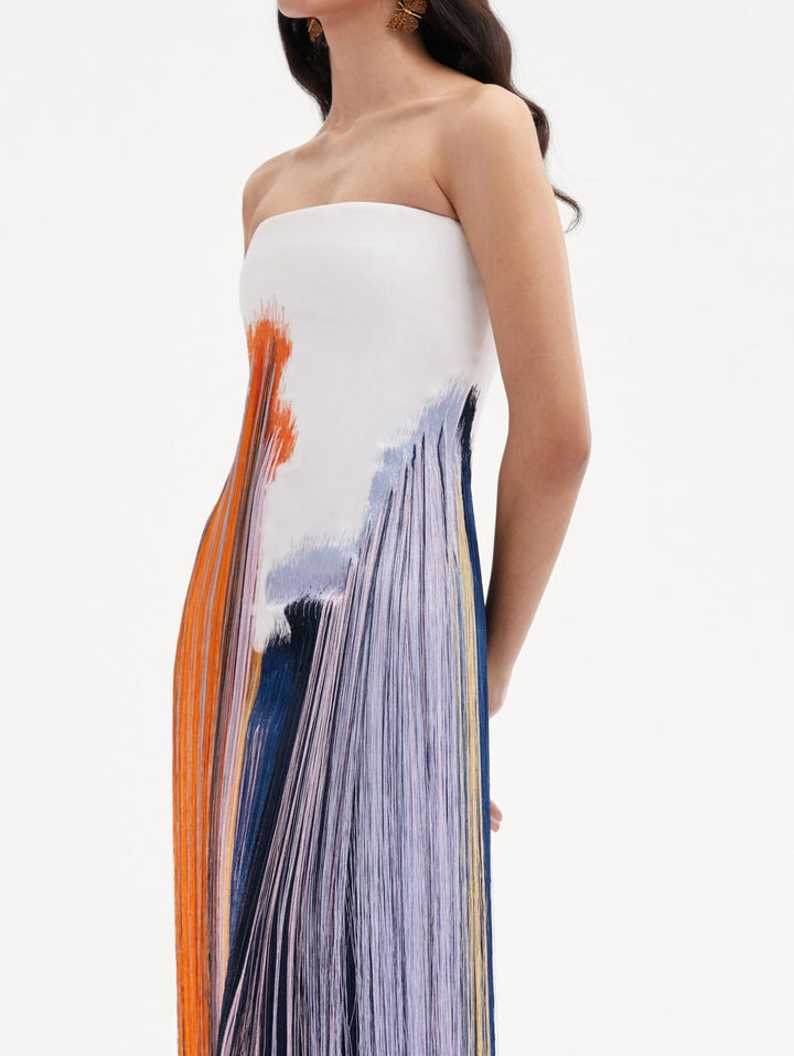 Aislyn | Women's Midi Art-Inspired Brushstroke Fringe Dress with Zipper
