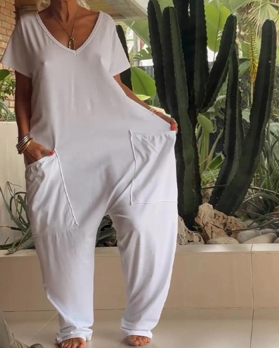 Yelena™ - Casual V-Neck Solid Color Jumpsuit