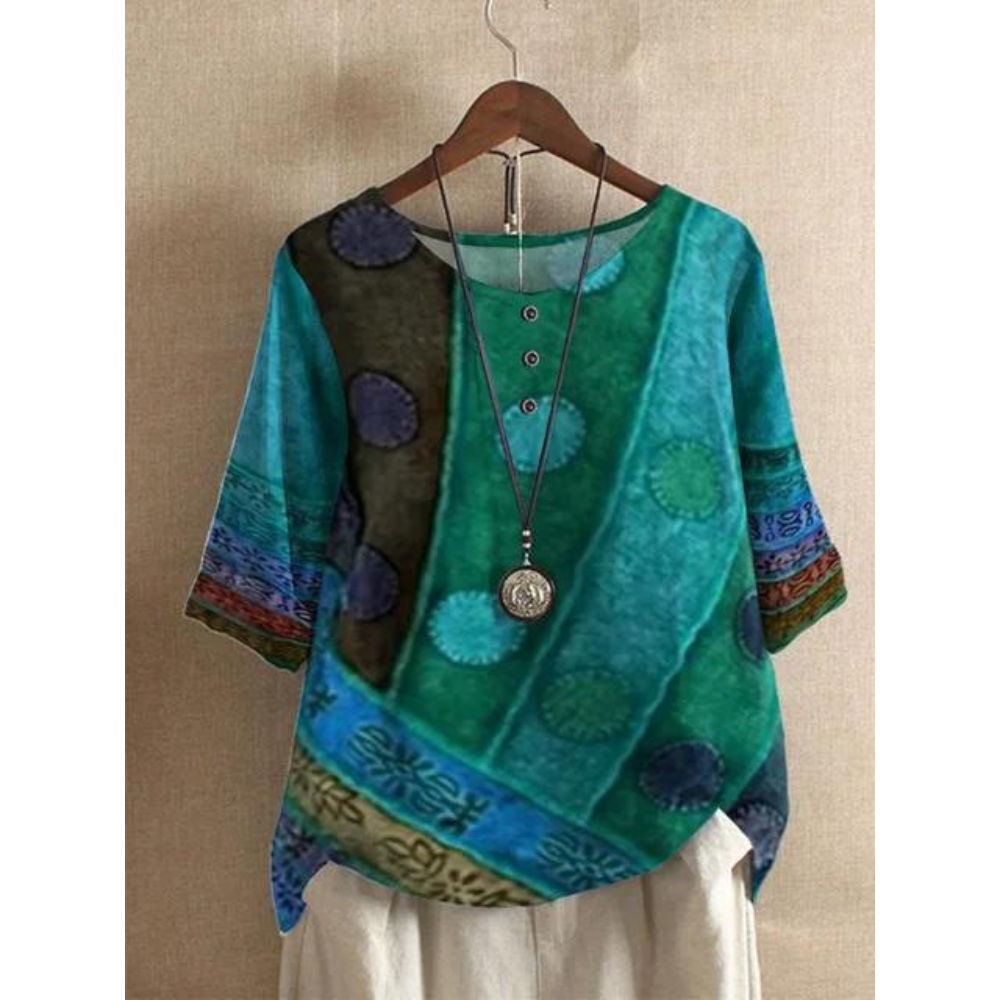 Valarie | Women's Short Sleeve Colorful Bohemian Top with Buttons
