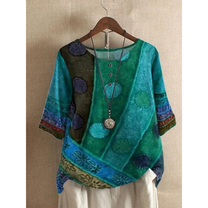 Valarie | Women's Short Sleeve Colorful Bohemian Top with Buttons