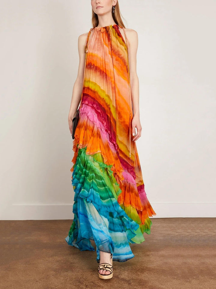 Velia | Women's Halter Neck Tie-Dye Flowy Ankle-Length Dress with Ruffle