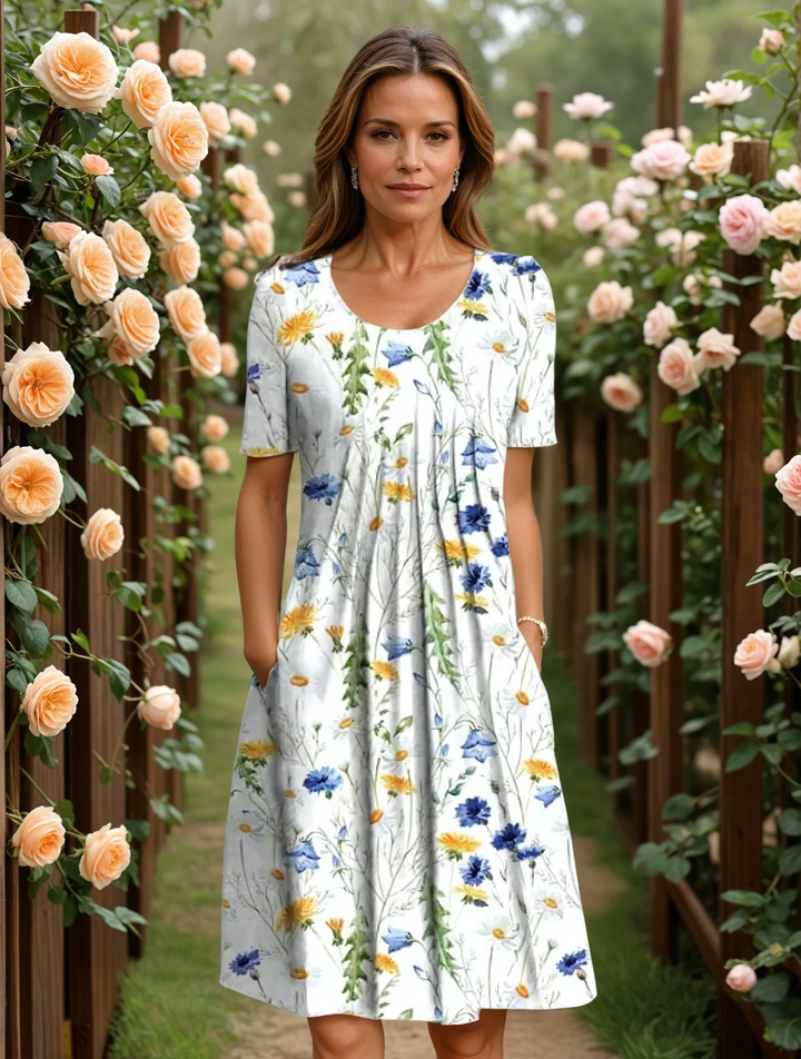 Fiona | Women's Round Neck Mini Elegant Everyday Dress with Pockets
