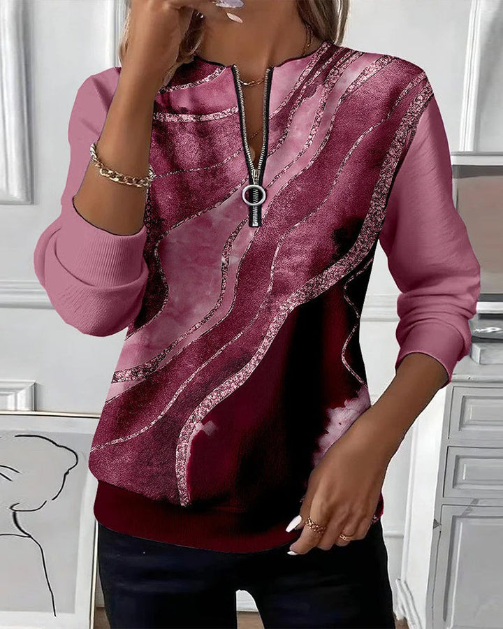 Jonah | Women's Long Sleeve Round Neck Printed Vintage Half-Zip Sweatshirt with Zipper