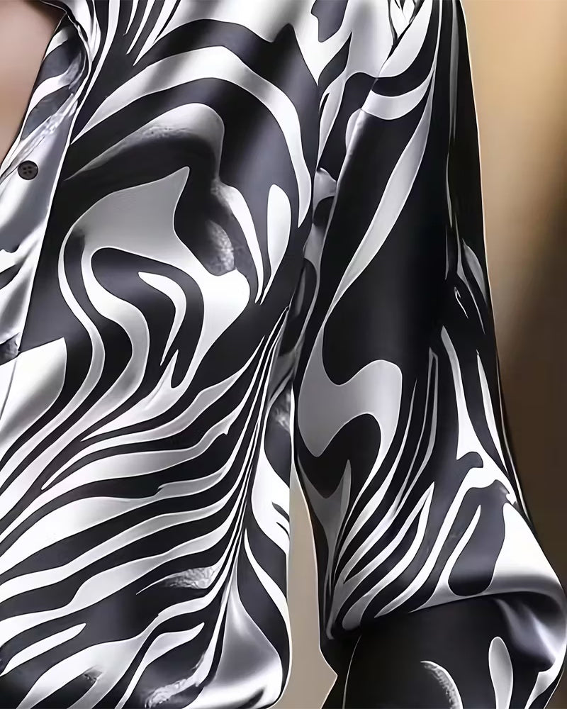 Women's Long Sleeve V-Neck Chic and Stylish Printed Blouse
