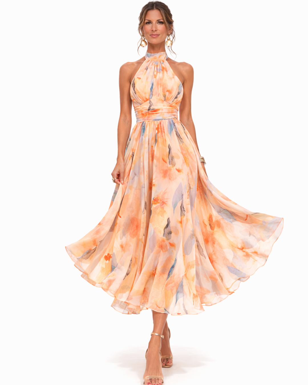 Aurora Halter Neck Dress with Watercolor Print