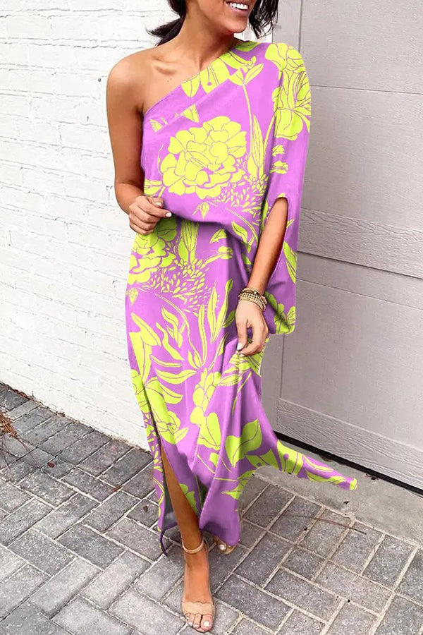 Rosie One-Shoulder Maxi Dress with Printed Design and Split Hem