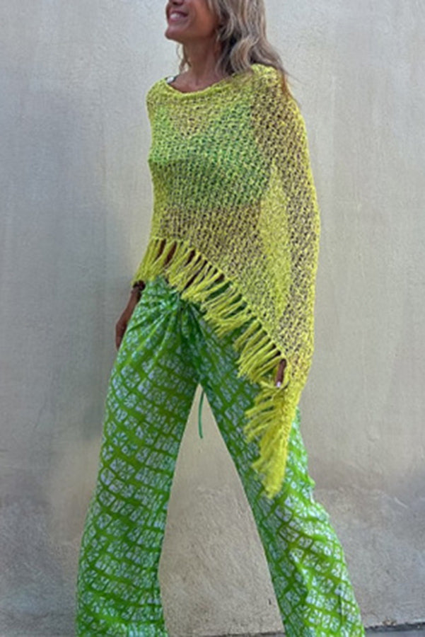 Sunset Breeze Tassel Knit Cover-Up with Hollow-Out Design