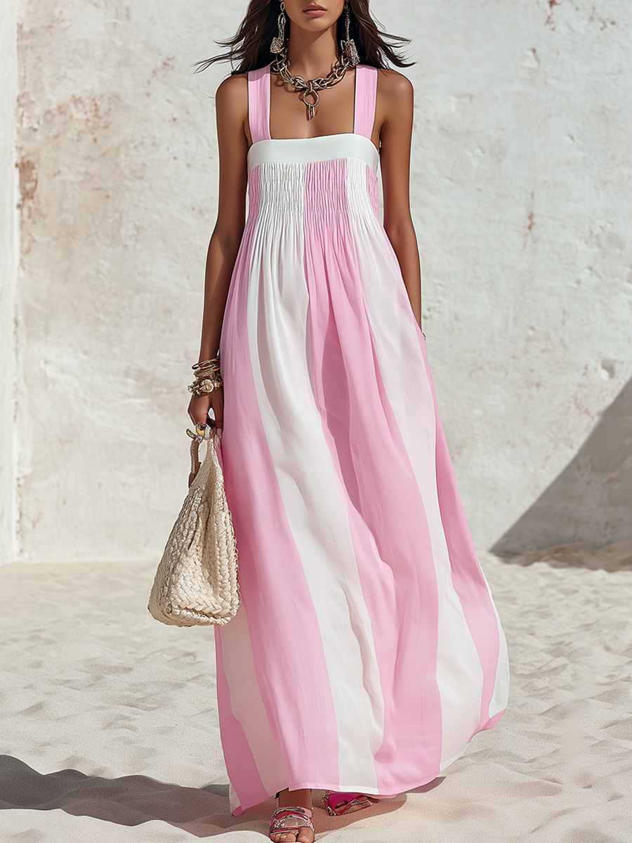 Women's Sleeveless Square Neck Striped Maxi Dress