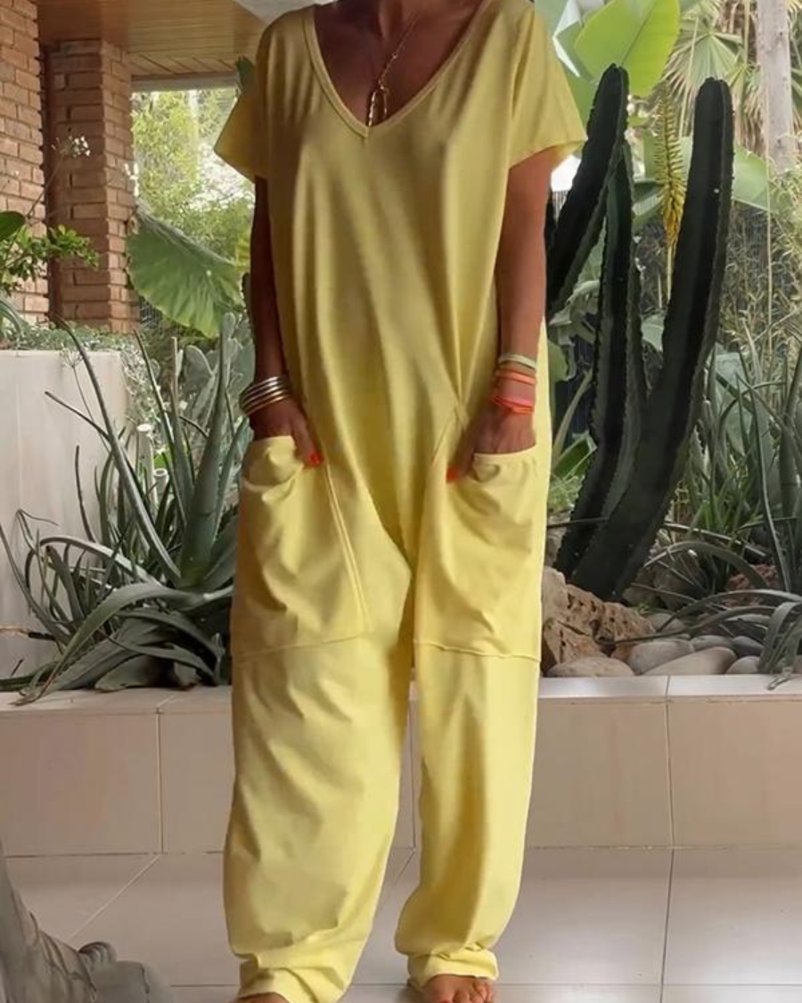 Yelena™ - Casual V-Neck Solid Color Jumpsuit