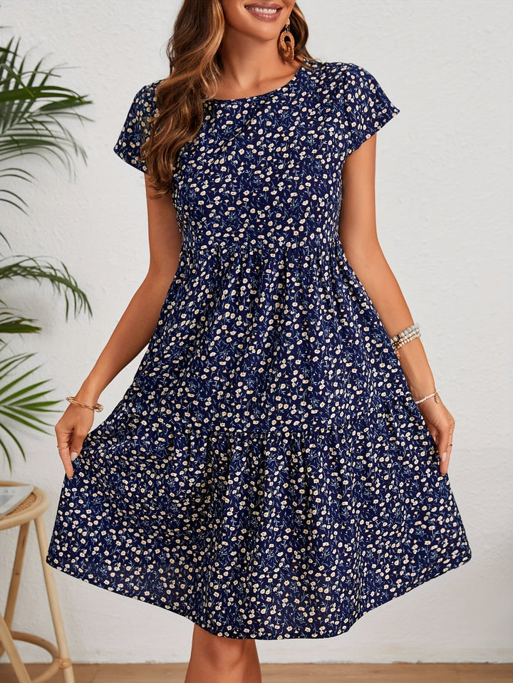 Valeria | Women's Short Sleeve Round Neck Mini Vintage Floral Dress