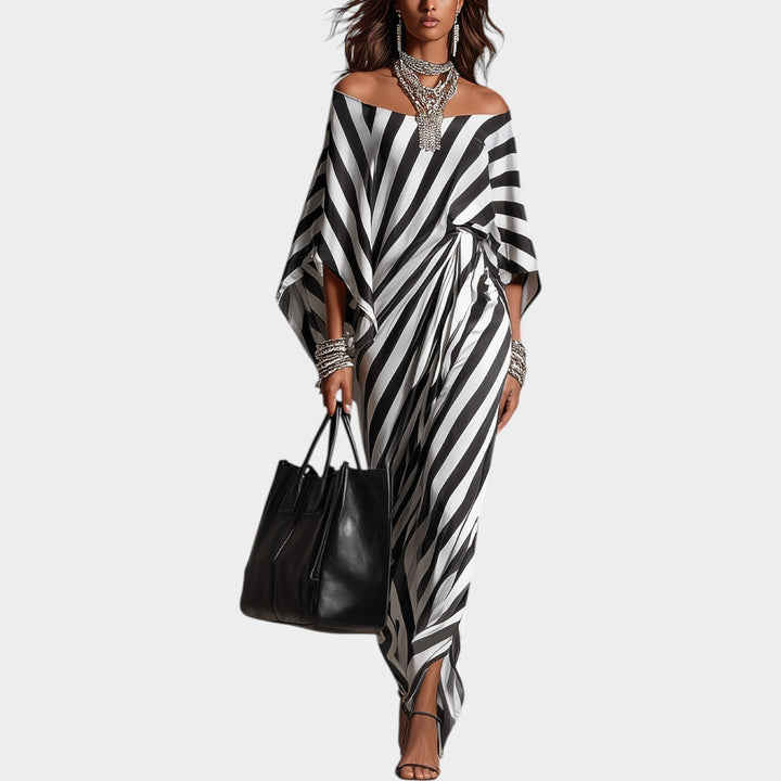 Women's Off-Shoulder Striped Maxi Dress with Tie Waist