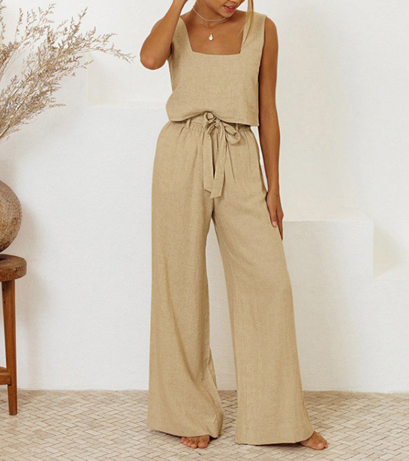 Milena | Women's Square Neck Minimalist Top and Wide-Leg Pants Set