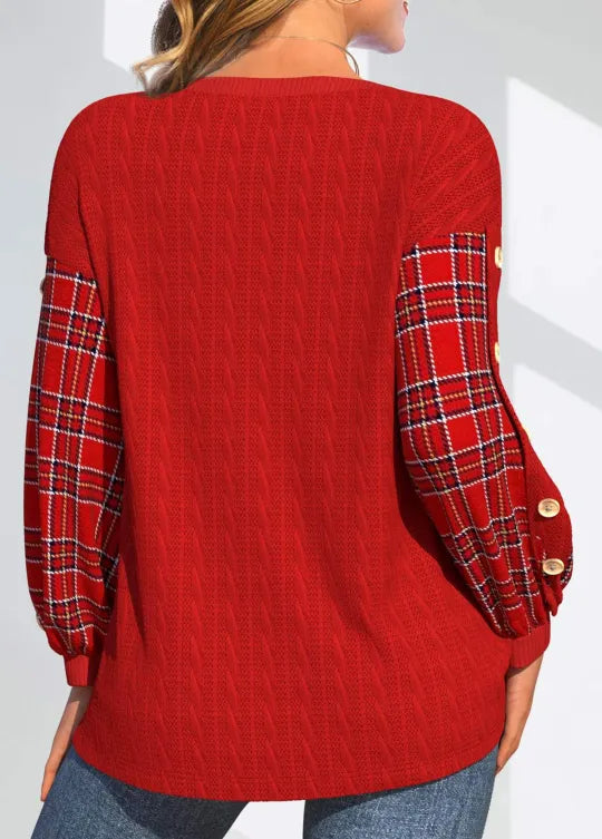 Ida | Red Knit with Checked Sleeves