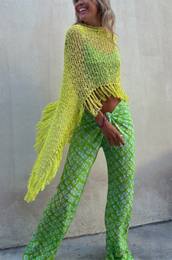 Sunset Breeze Tassel Knit Cover-Up with Hollow-Out Design