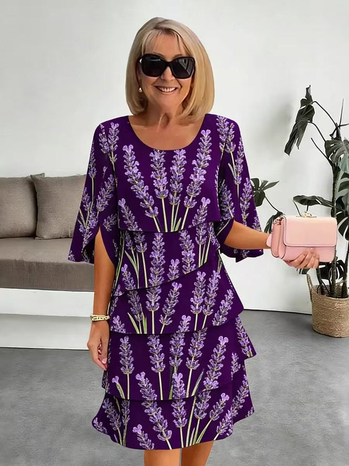 Elyvane™ - Women's Floral Ruffled Dress with Mid-Length and Split Sleeves