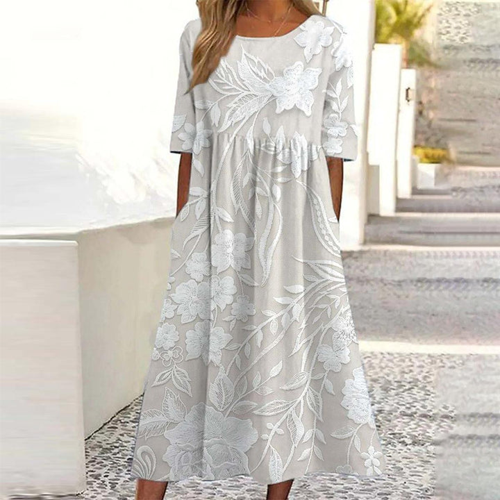 Dovie | Women's Round Neck Midi Long Floral Dress with 3/4 Sleeves and Pockets