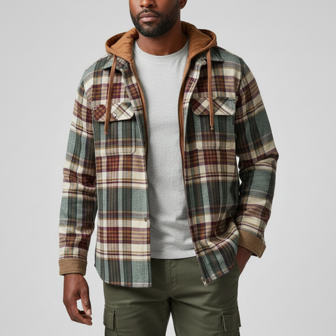 Rowan | Men's Plaid Jacket with Hood, Pockets and Buttons