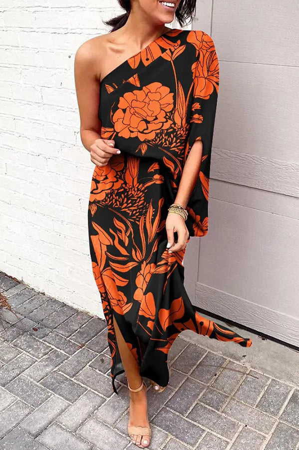 Rosie One-Shoulder Maxi Dress with Printed Design and Split Hem