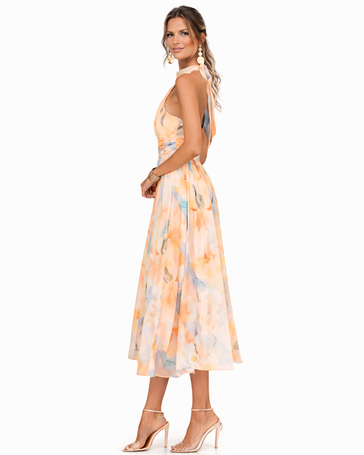 Aurora Halter Neck Dress with Watercolor Print