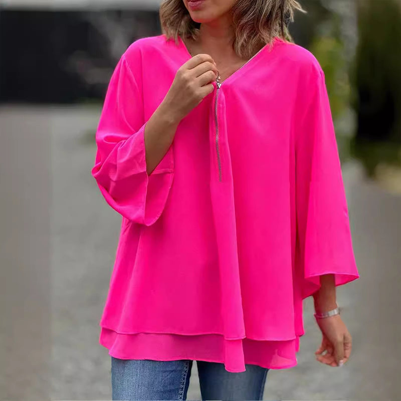 Heidi™ | V-Neck Flowy Zipped Top