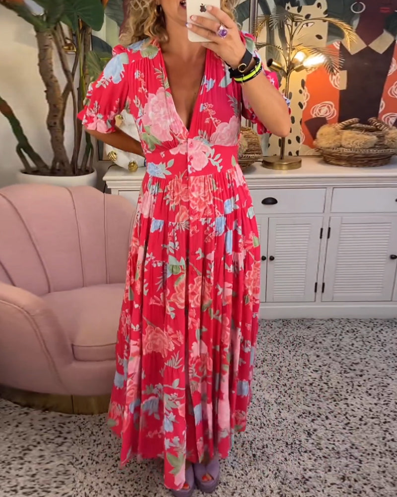 Catrisa™ | Floral Print V-neck Pocket Dress