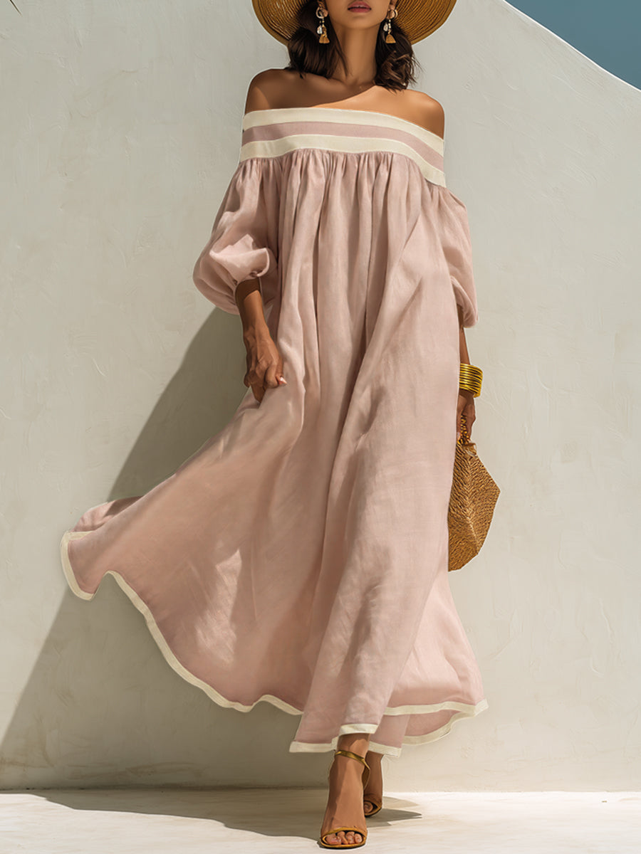 Beige Off-the-Shoulder Maxi Dress with Relaxed Fit and Color-Block Design