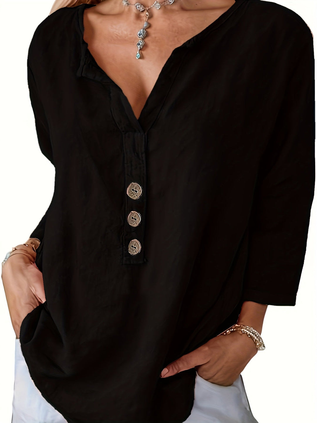 Harper | Women's Relaxed Loose V-Neck Button-Up Top with Buttons