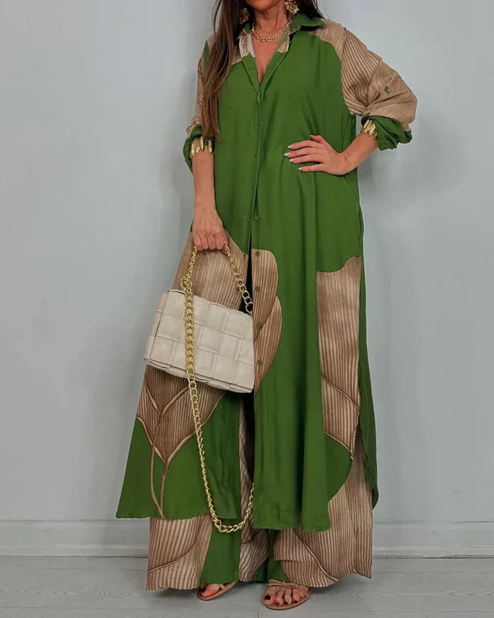 Skye - Trendy Patchwork Printed Top & Wide Leg Pants Set