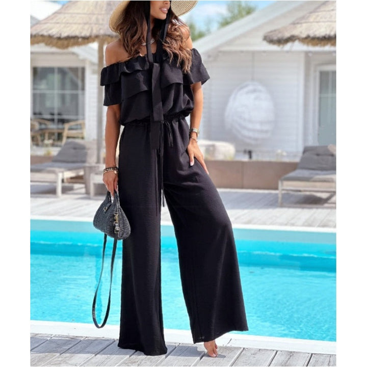 Women's Off-Shoulder Wide-Leg Jumpsuit with Ruffle and Drawstring
