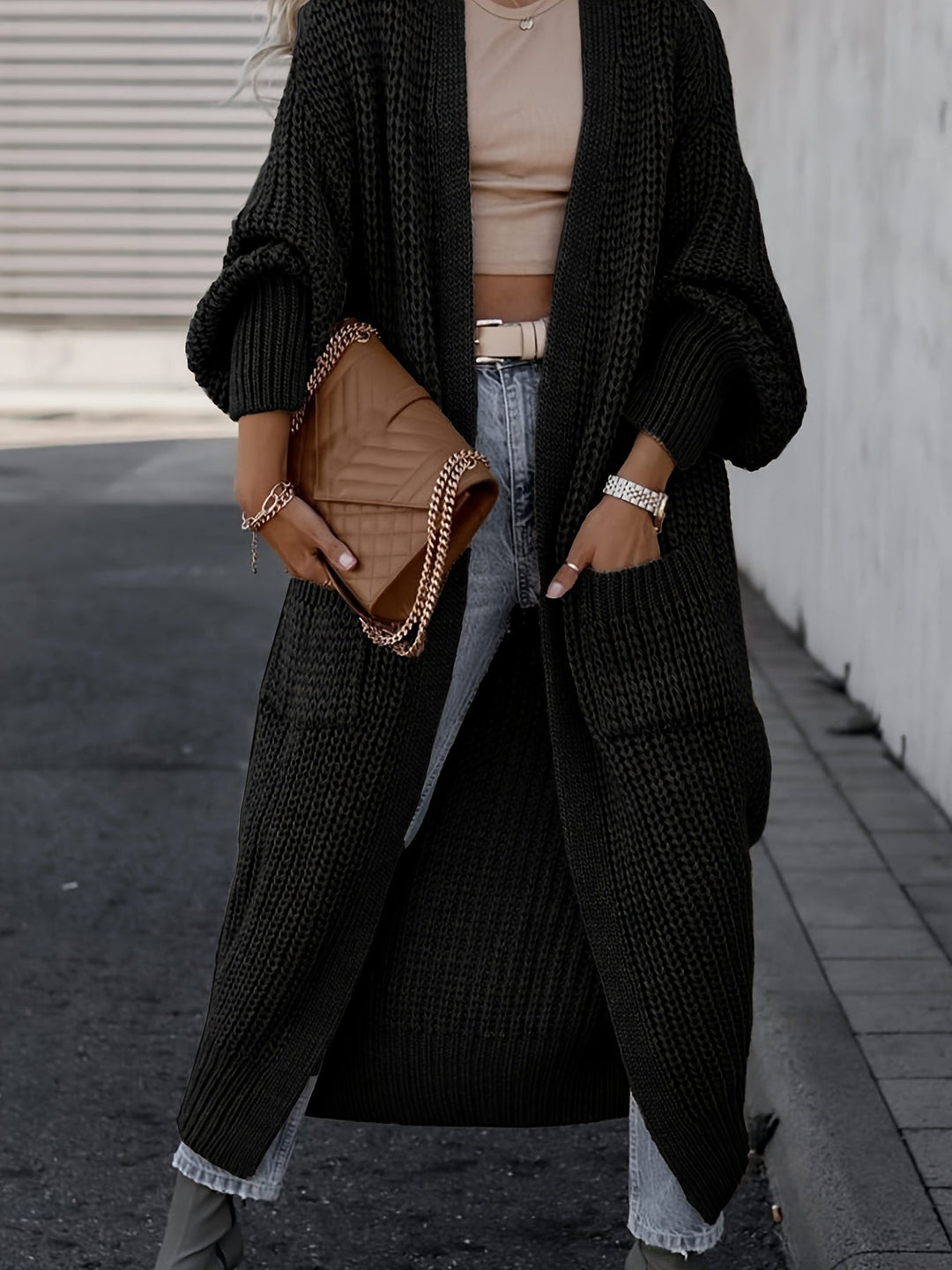 Women's Maxi Cardigan with Long Sleeves and Pockets