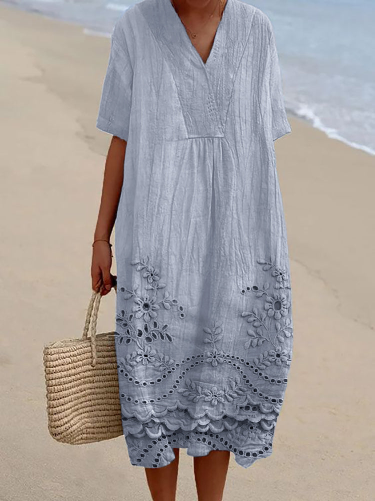 Evessa | Women's Loose V-Neck Midi Floral Summer Printed Dress