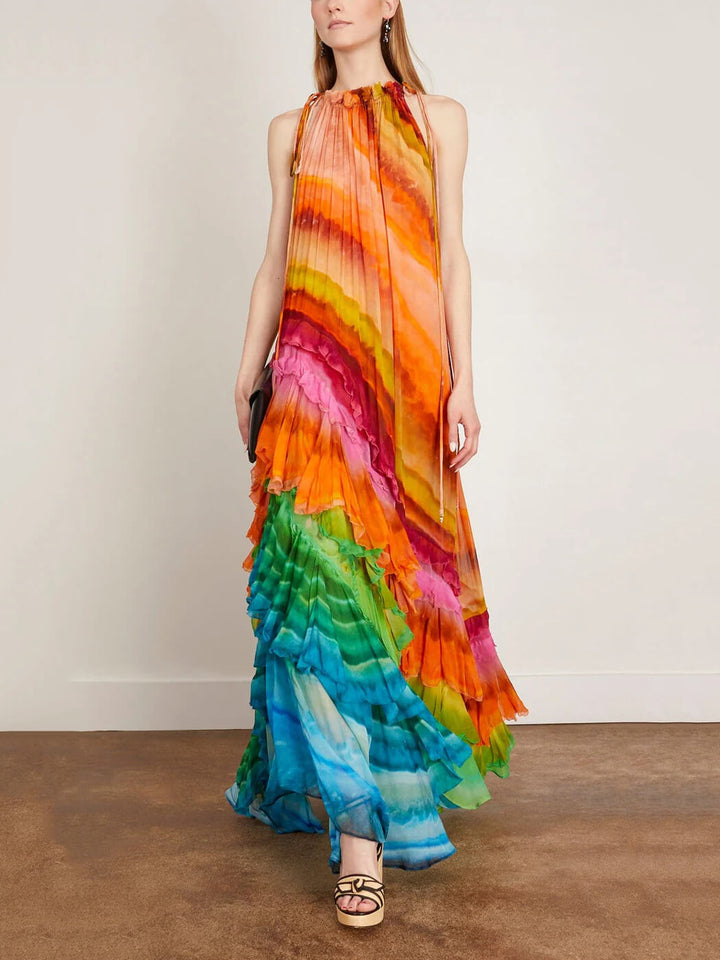Velia | Women's Halter Neck Tie-Dye Flowy Ankle-Length Dress with Ruffle